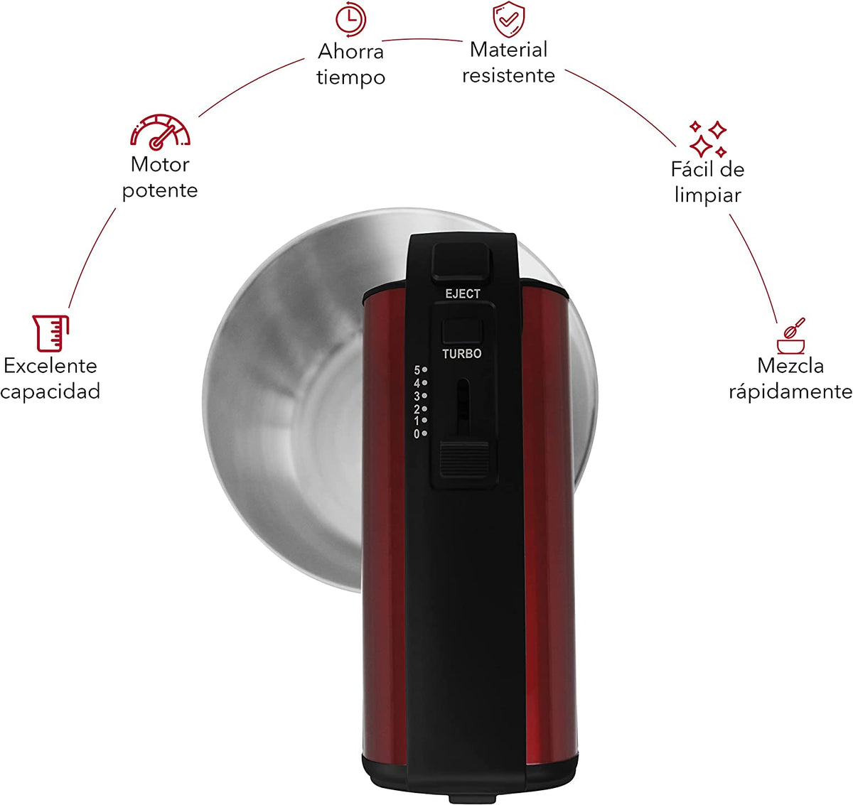 Batidora de Mano con Pedestal RCA RC-71 300 W, 5 Velocidades + Turbo, Tazón Giratorio de Acero Inoxidable 3 L, Negra con Rojo
