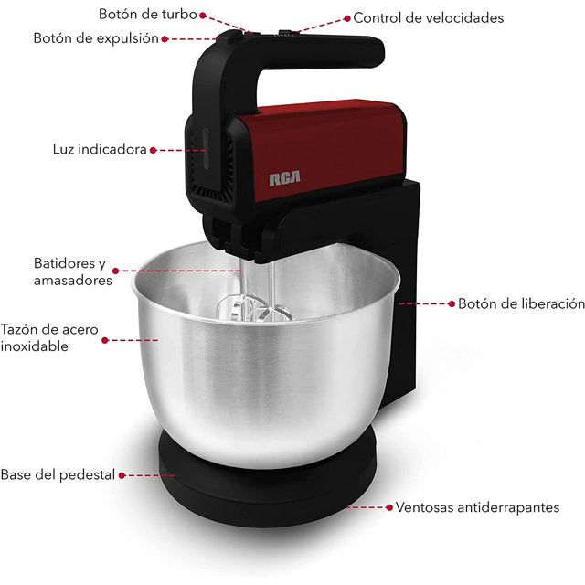 Batidora de Mano con Pedestal RCA RC-71 300 W, 5 Velocidades + Turbo, Tazón Giratorio de Acero Inoxidable 3 L, Negra con Rojo