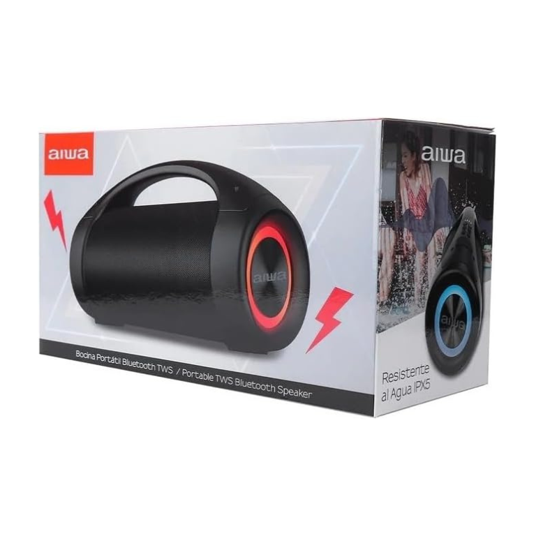 Bocina Bluetooth Portátil Aiwa AWS600BT 50W RMS Resistente al Agua IPX5 con Luces LED RGB, Radio FM y TWS, Negro