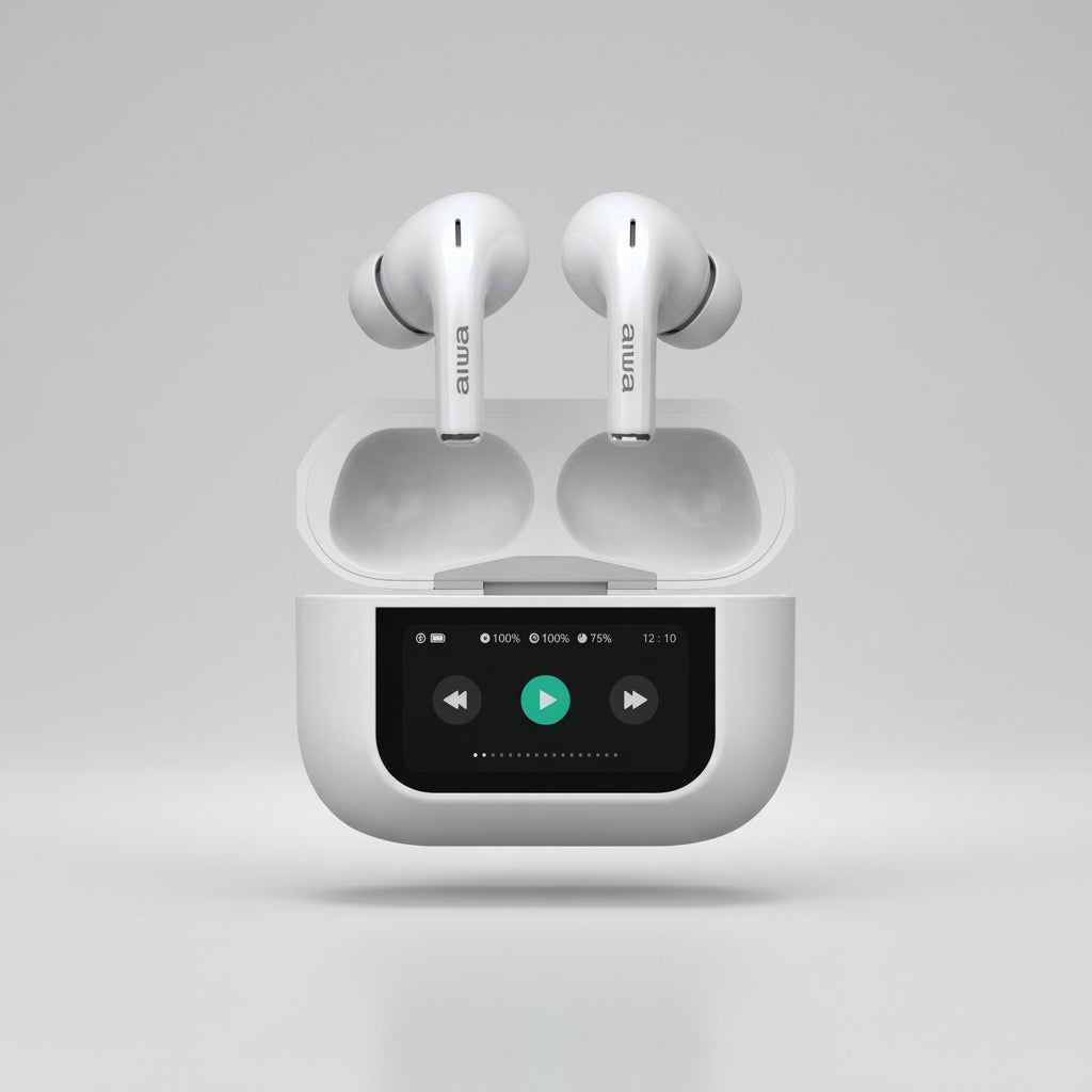 Audífonos Inalámbricos Aiwa AWTWSGPROW con Cancelación de Ruido ANC y Estuche con Pantalla Táctil, Bluetooth 5.4, IPX4, Blancos