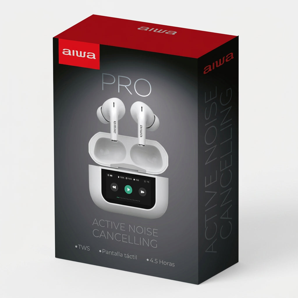 Audífonos Inalámbricos Aiwa AWTWSGPROW con Cancelación de Ruido ANC y Estuche con Pantalla Táctil, Bluetooth 5.4, IPX4, Blancos