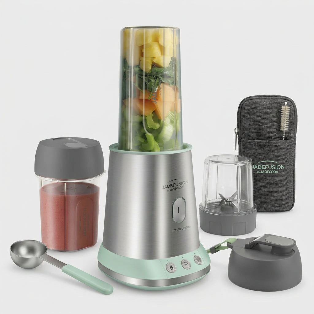 Licuadora Personal Procesador de Alimentos Jade Fusion JadeCook C0495-00 1000 W 6 Piezas, 2 Vasos Tritán 700 ml y 500 ml, Libre de BPA, Plateado
