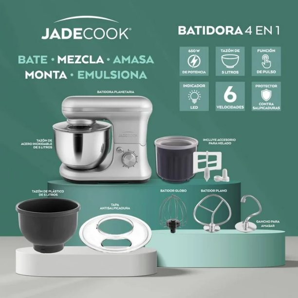 Batidora de Pedestal Jade Cook 4 en 1 C0530-00 Planetaria 6 Velocidades, Tazón Acero Inoxidable 5 L, con Accesorios para Helado