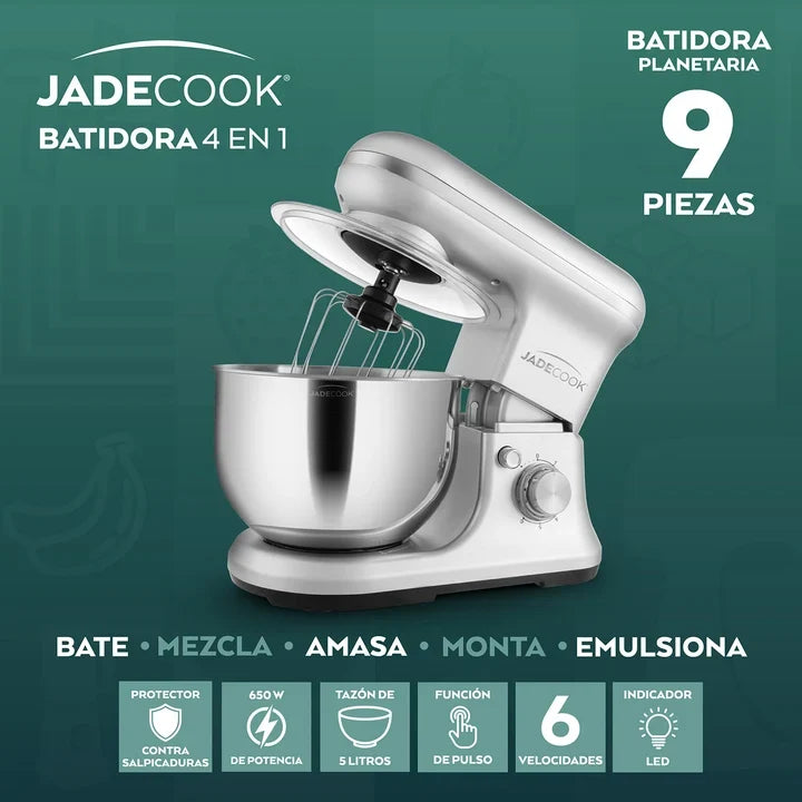 Batidora de Pedestal Jade Cook 4 en 1 C0530-00 Planetaria 6 Velocidades, Tazón Acero Inoxidable 5 L, con Accesorios para Helado