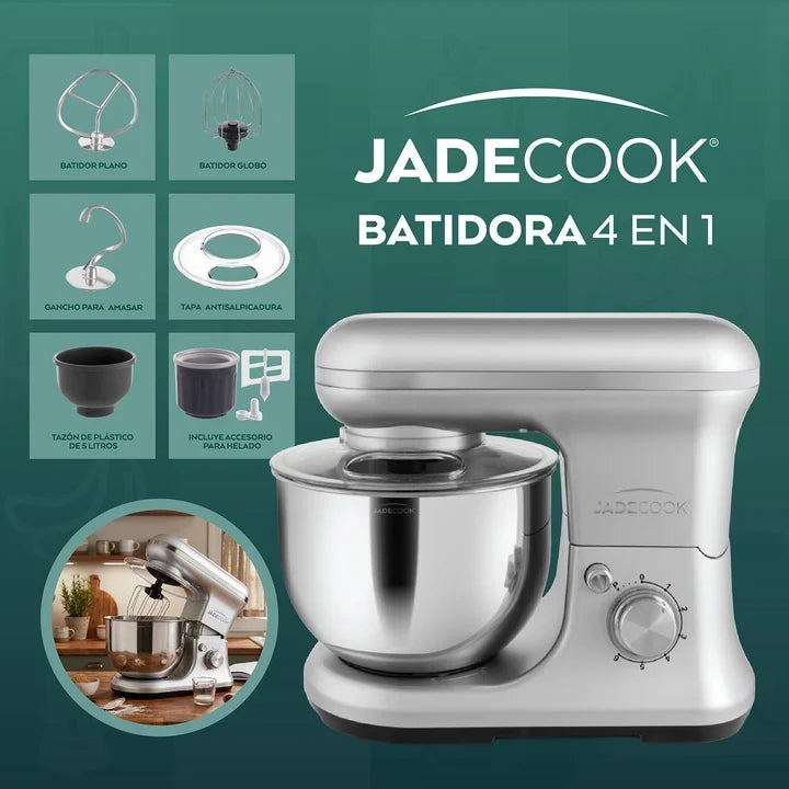 Batidora de Pedestal Jade Cook 4 en 1 C0530-00 Planetaria 6 Velocidades, Tazón Acero Inoxidable 5 L, con Accesorios para Helado