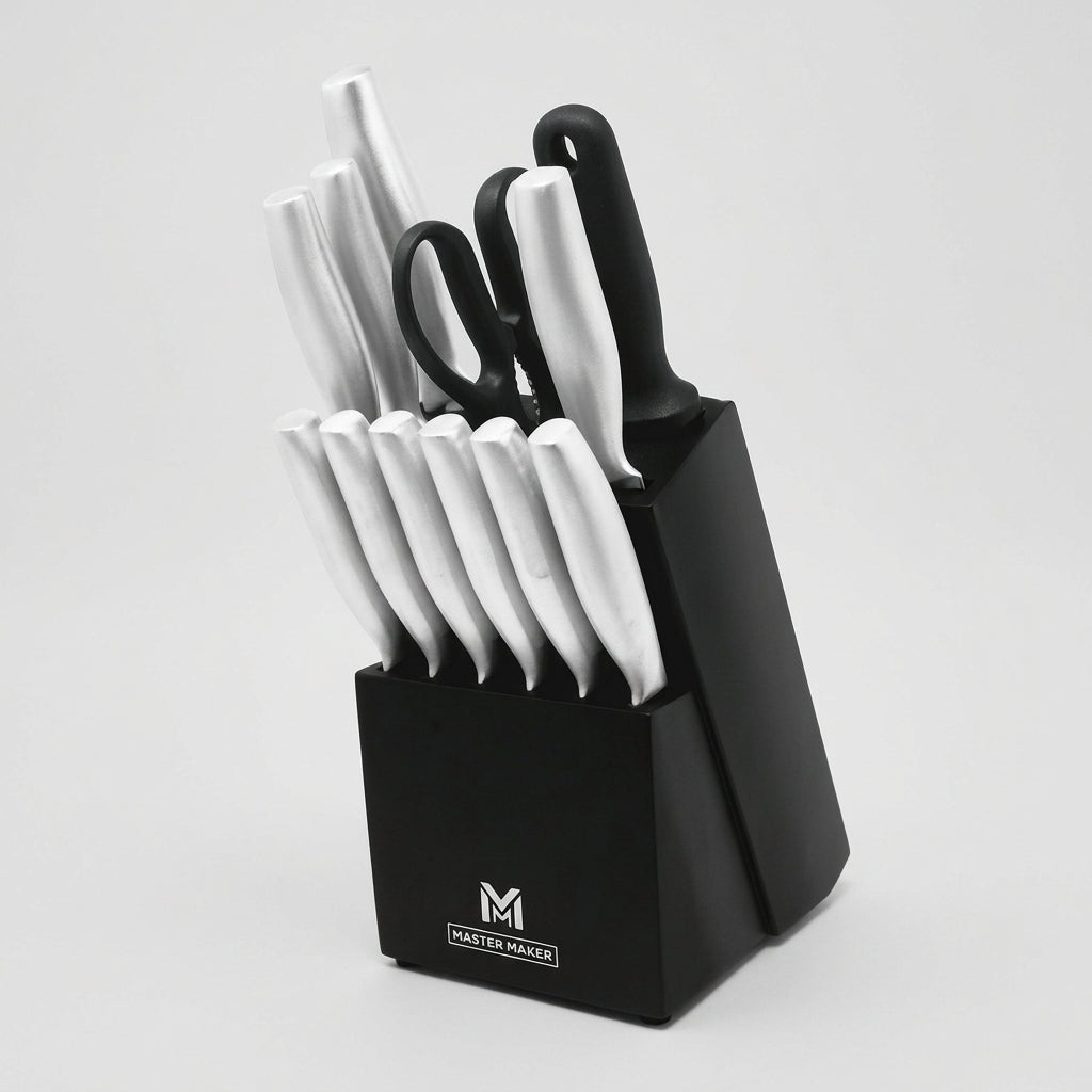 Juego de Cuchillos Mayware HY-SC1 13 Piezas, Acero Inoxidable, con Base, Tijeras, Afilador y Fundas de Seguridad