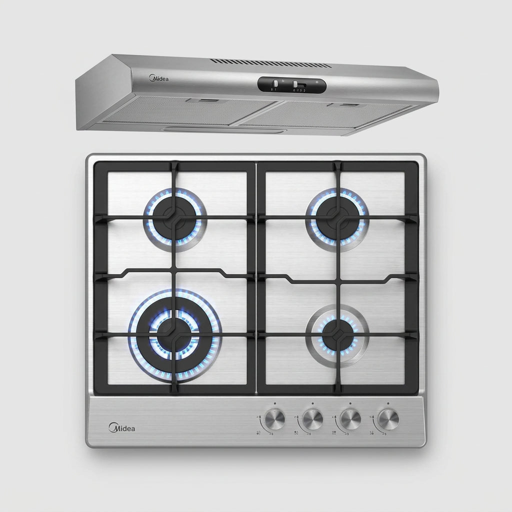 Combo Midea Duo Classic 60 cm Acero Inoxidable, Parrilla de Gas Triple Flama + Campana Slim Empotrable, MG60SJ402ATD53MX / MJUD24S3GS