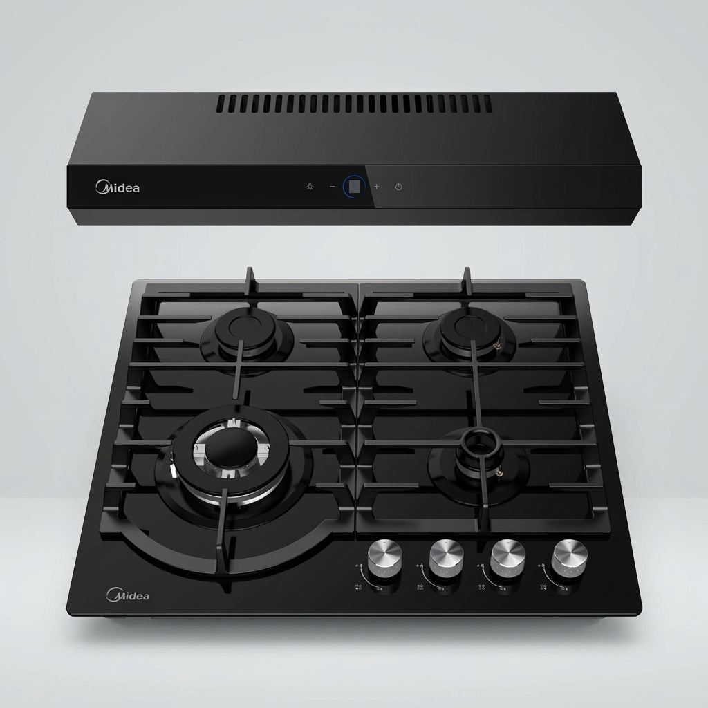 Combo Midea Duo Taste Crystal 60 cm, Parrilla de Gas Cristal Templado Triple Flama + Campana Empotrable Digital, MG60GH096ATD47MX / MH60F51AT21BBMX