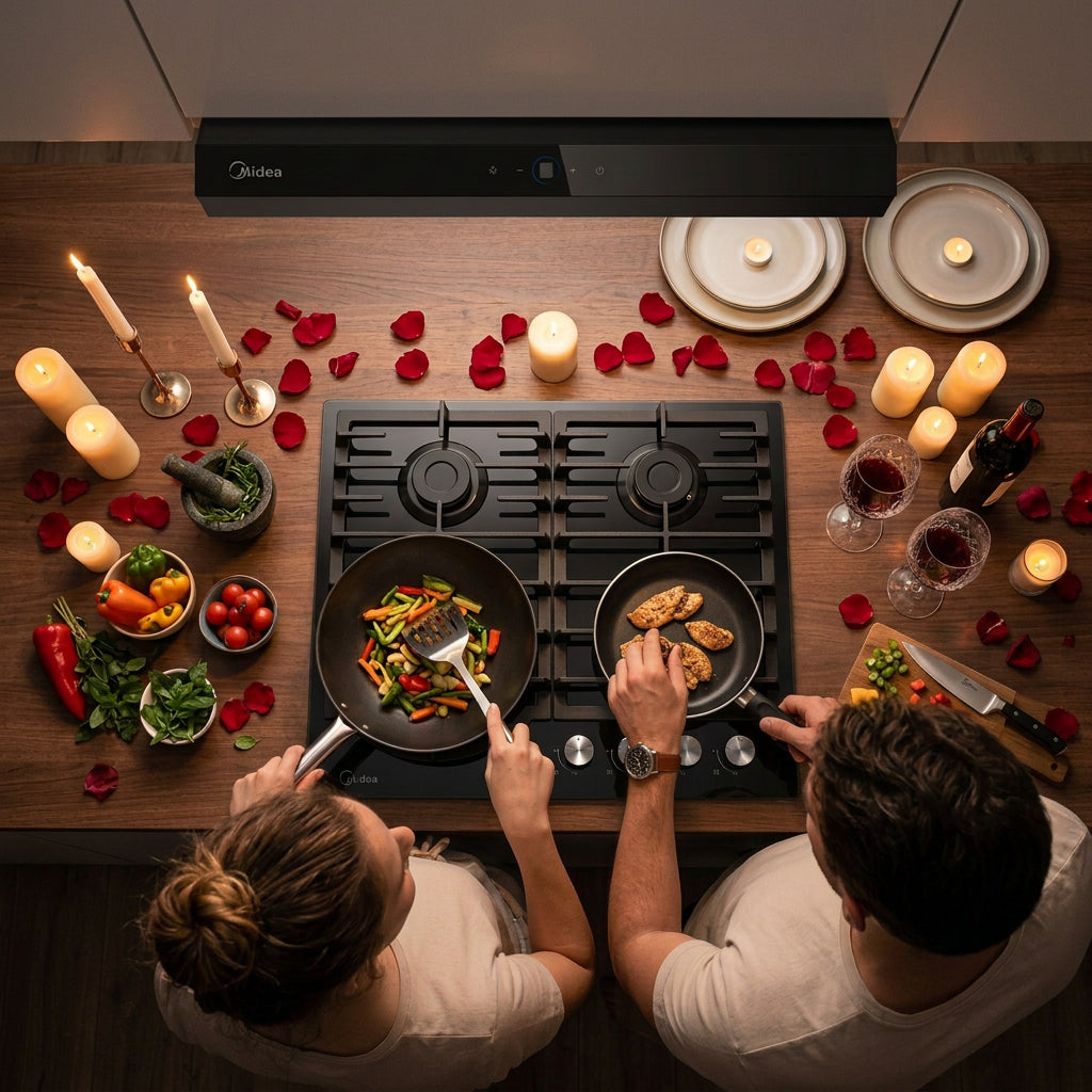 Combo Midea Duo Taste Crystal 60 cm, Parrilla de Gas Cristal Templado Triple Flama + Campana Empotrable Digital, MG60GH096ATD47MX / MH60F51AT21BBMX