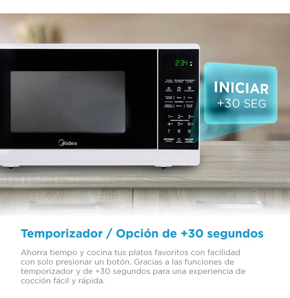 Horno de Microondas Midea Practia MMDF07S2BW 0.7 Pies (20 L) 1050W, 10 Niveles de Potencia, 6 Programas, Modo ECO