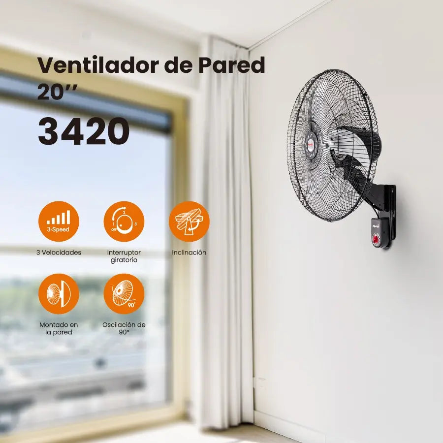 Ventilador de Pared Mytek 3420 de 20" Oscilatorio 90°, 130W, 4,092 CFM, 3 Velocidades, Aspas de Aluminio, Negro