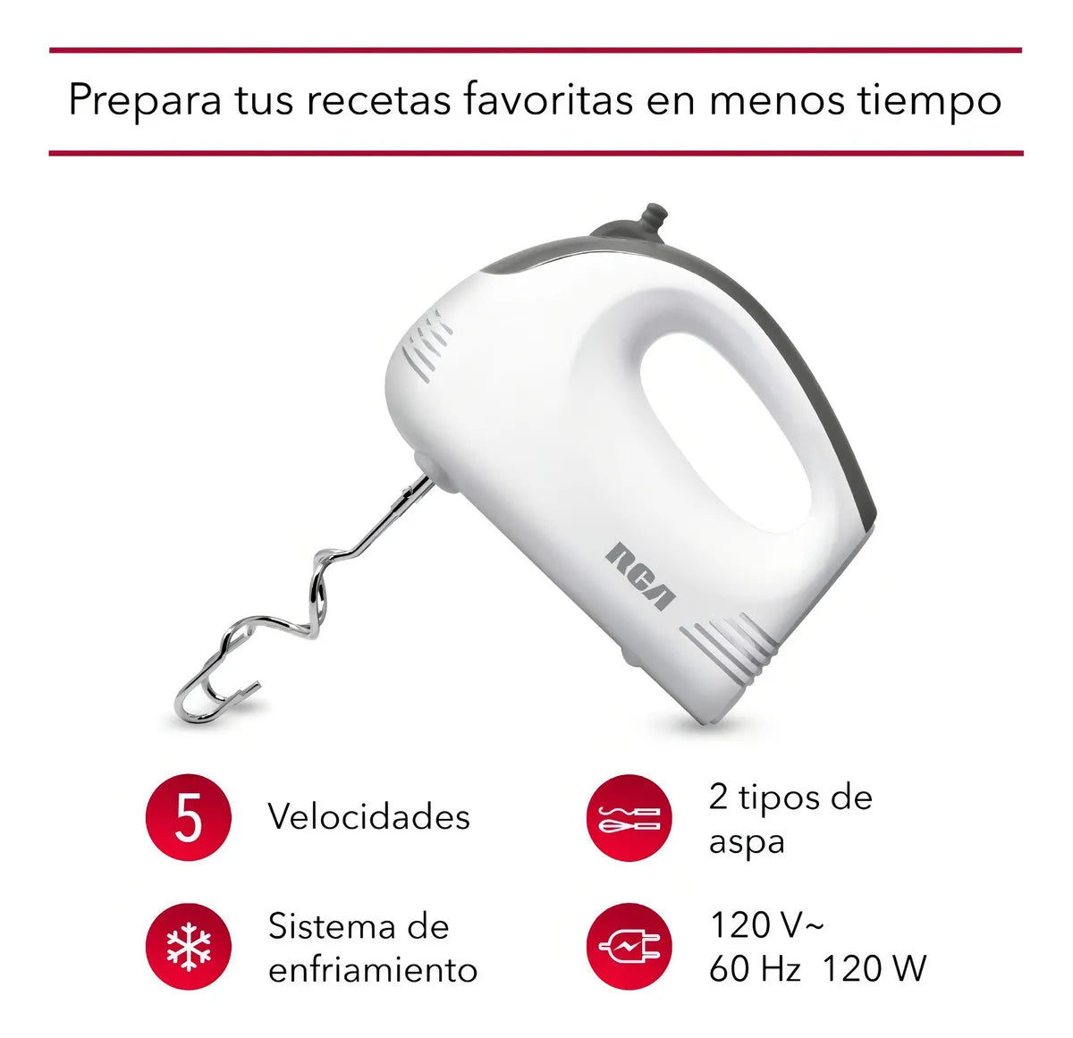 Batidora de Mano RCA RC-094 100W 5 Velocidades con Batidores y Ganchos para Amasar, Botón de Expulsión, Blanca
