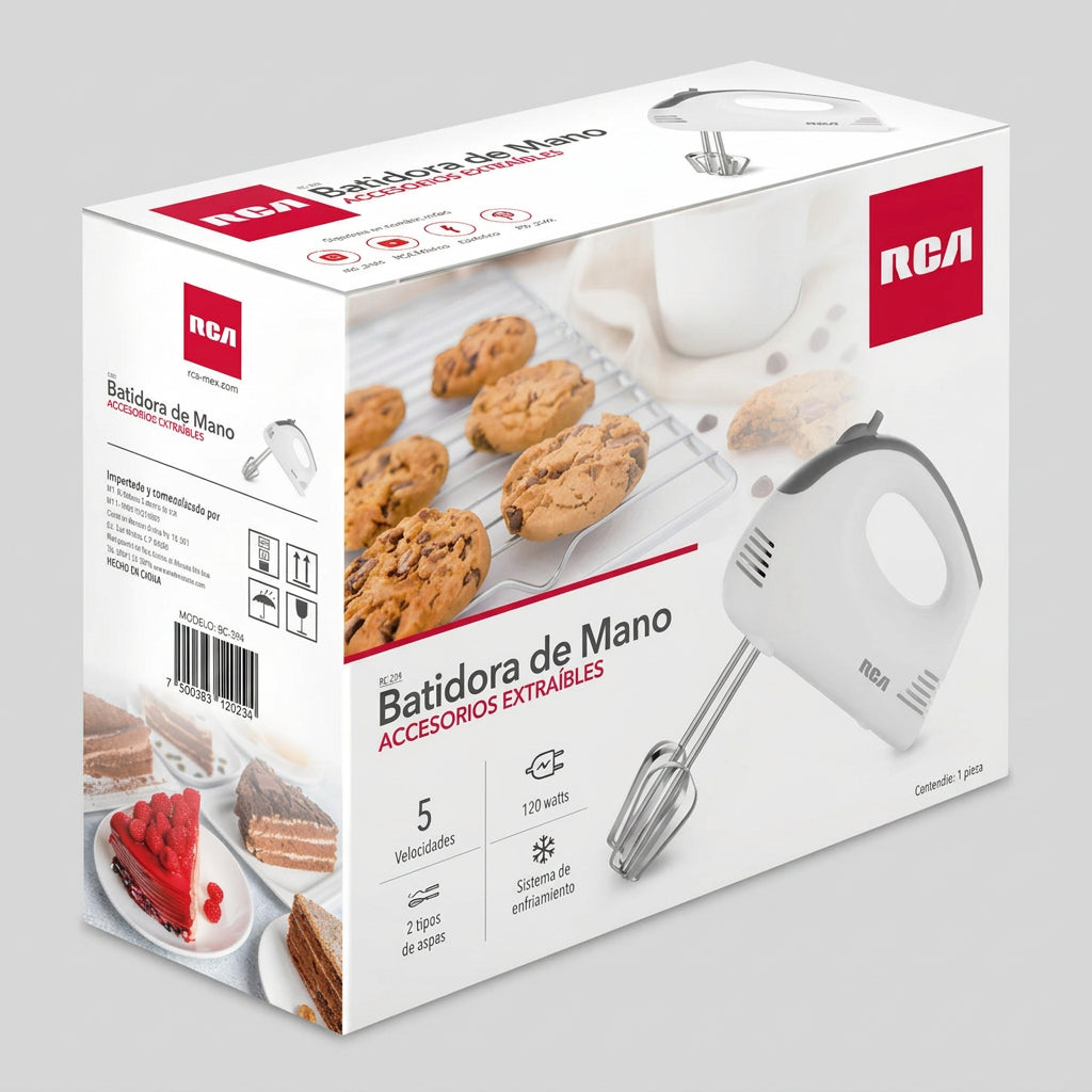 Batidora de Mano RCA RC-094 100W 5 Velocidades con Batidores y Ganchos para Amasar, Botón de Expulsión, Blanca
