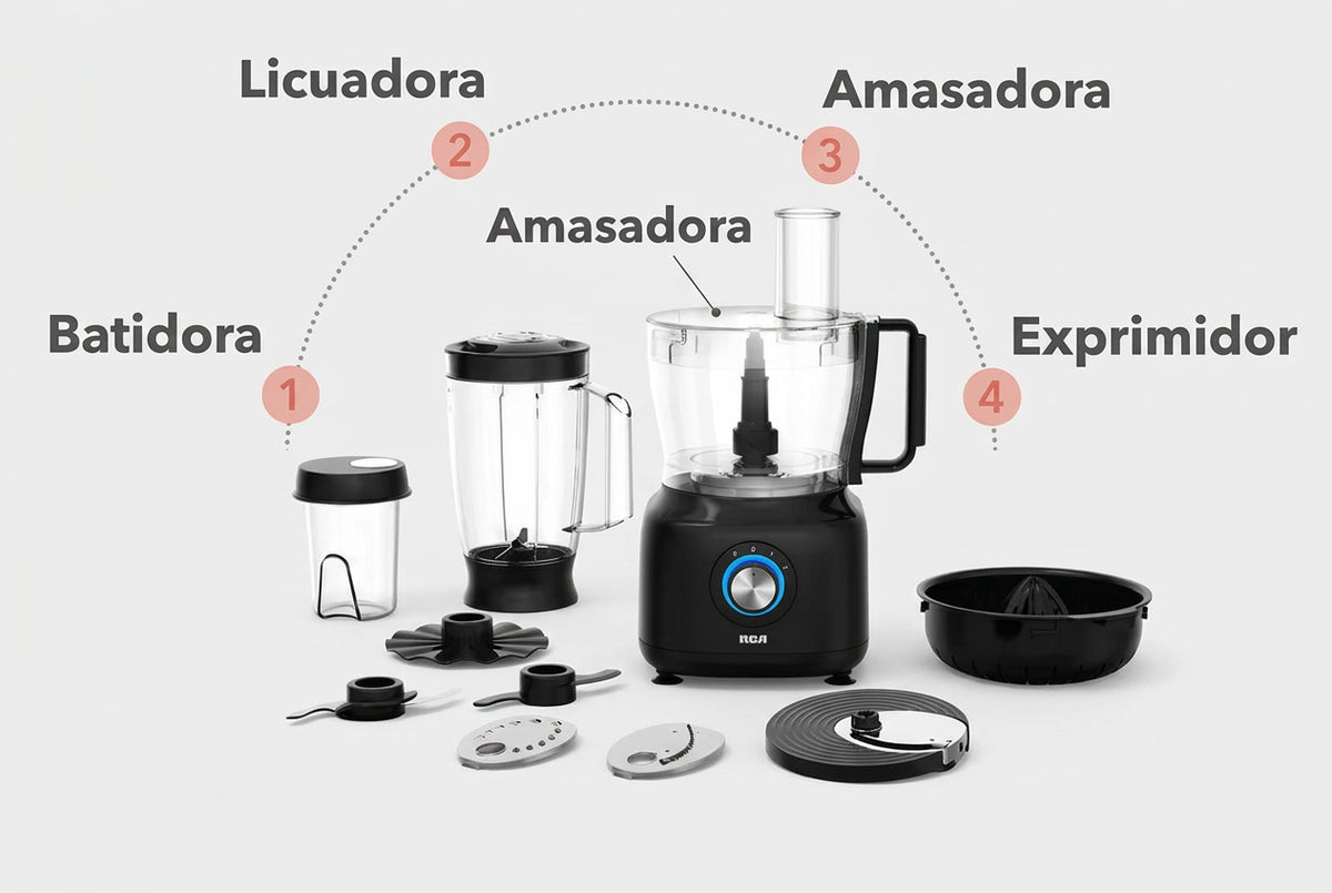Multiprocesador de Alimentos RCA RC-3196 8 en 1, 500W, Licuadora 1.5 L, Procesador, Exprimidor, Rallador y Rebanador, Negro