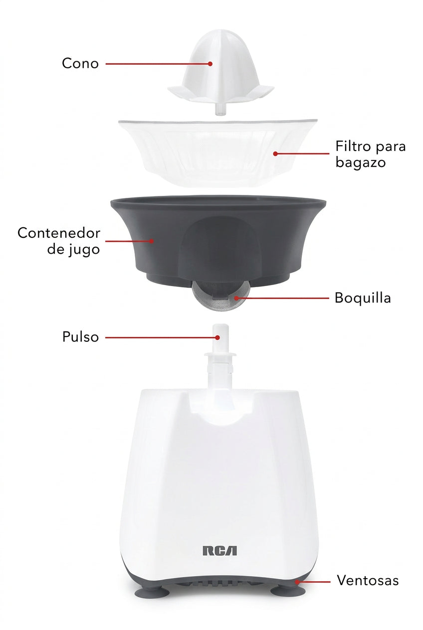 Exprimidor de Cítricos RCA RC-8004 30 W, Doble Giro, Boquilla Antigoteo, Encendido Automático