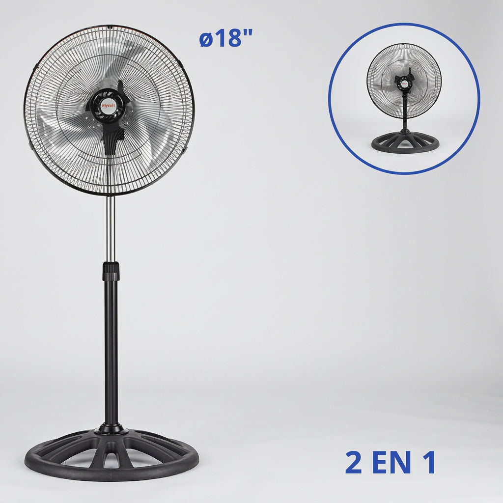 Ventilador Mytek 3386 de 18" 2 en 1 Pedestal o Piso, Metálico, 92W, 3 Velocidades, Oscilación 90°, Negro