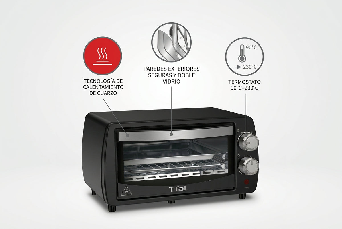 Horno Tostador T-fal OF3108MX de 10 L, Negro, 800W, Resistencias de Cuarzo, 230 °C, Temporizador 60 min, Charola y Rejilla