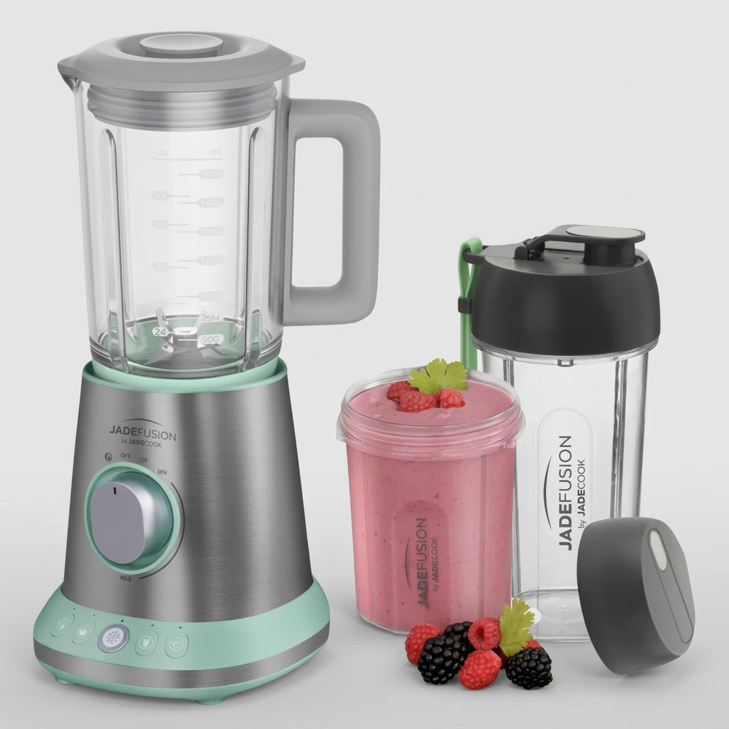 Licuadora Personal Procesador de Alimentos Jade Fusion JadeCook C0495-00 1000 W 6 Piezas, 2 Vasos Tritán 700 ml y 500 ml, Libre de BPA, Plateado