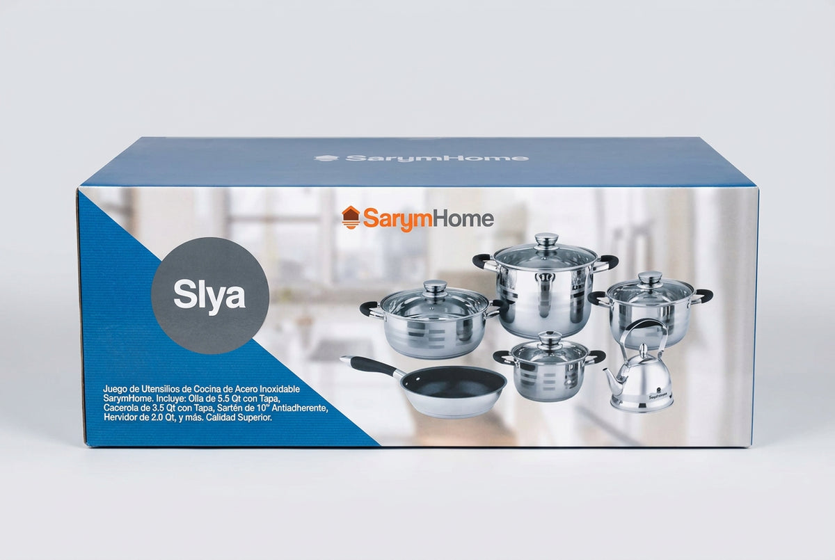 Batería de Cocina Sarym Home Siva 11 Piezas, Acero, Tetera Termo-Color, Arrocera 4 L, Vaporera 7 L, Tapas de Cristal
