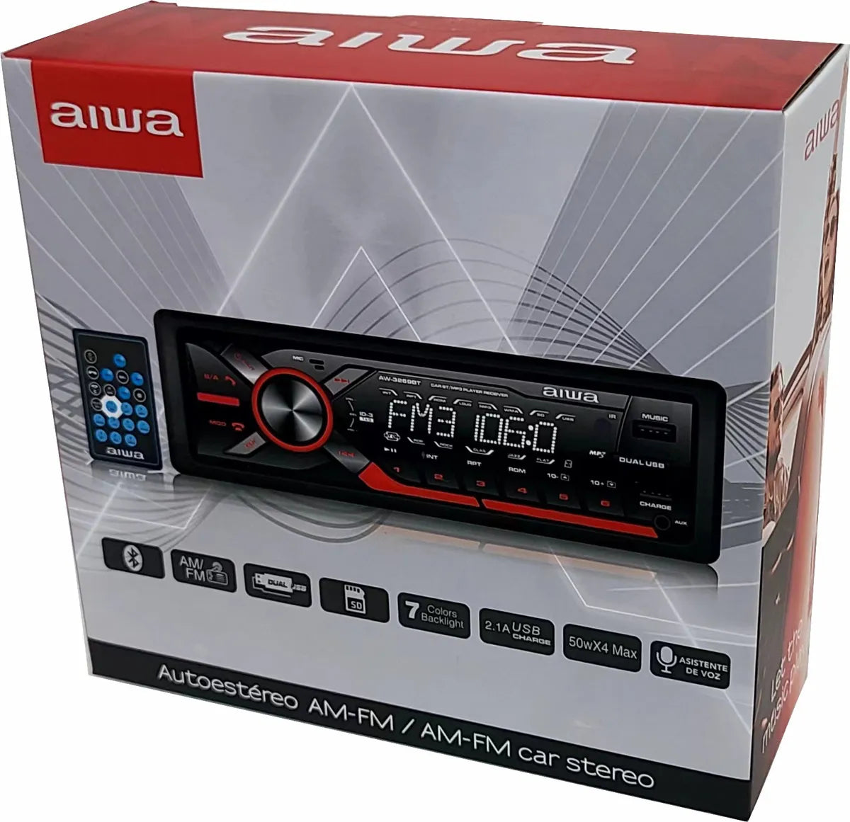 Autoestéreo Aiwa AW-3269BT 1 DIN Bluetooth Manos Libres, Doble USB con Carga Rápida, SD, AUX, Radio AM/FM, 4x50W