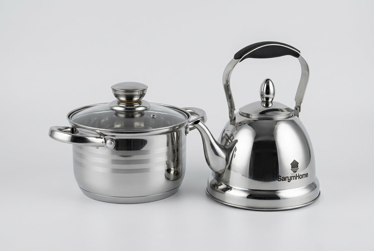 Batería de Cocina Sarym Home Siva 11 Piezas, Acero, Tetera Termo-Color, Arrocera 4 L, Vaporera 7 L, Tapas de Cristal
