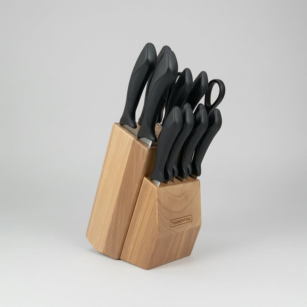 JUEGO DE CUCHILLOS AFFILATA 13 PZS CON BASE DE MADERA TRAMONTINA