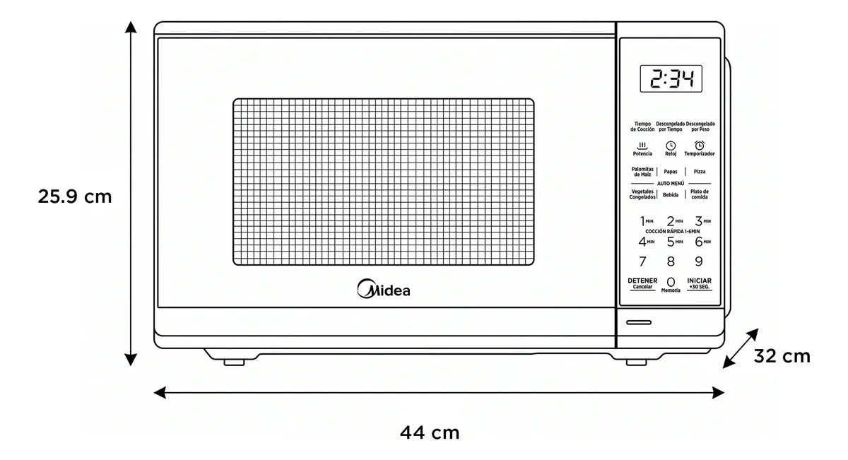Horno de Microondas Midea Practia MMDF07S2BW 0.7 Pies (20 L) 1050W, 10 Niveles de Potencia, 6 Programas, Modo ECO