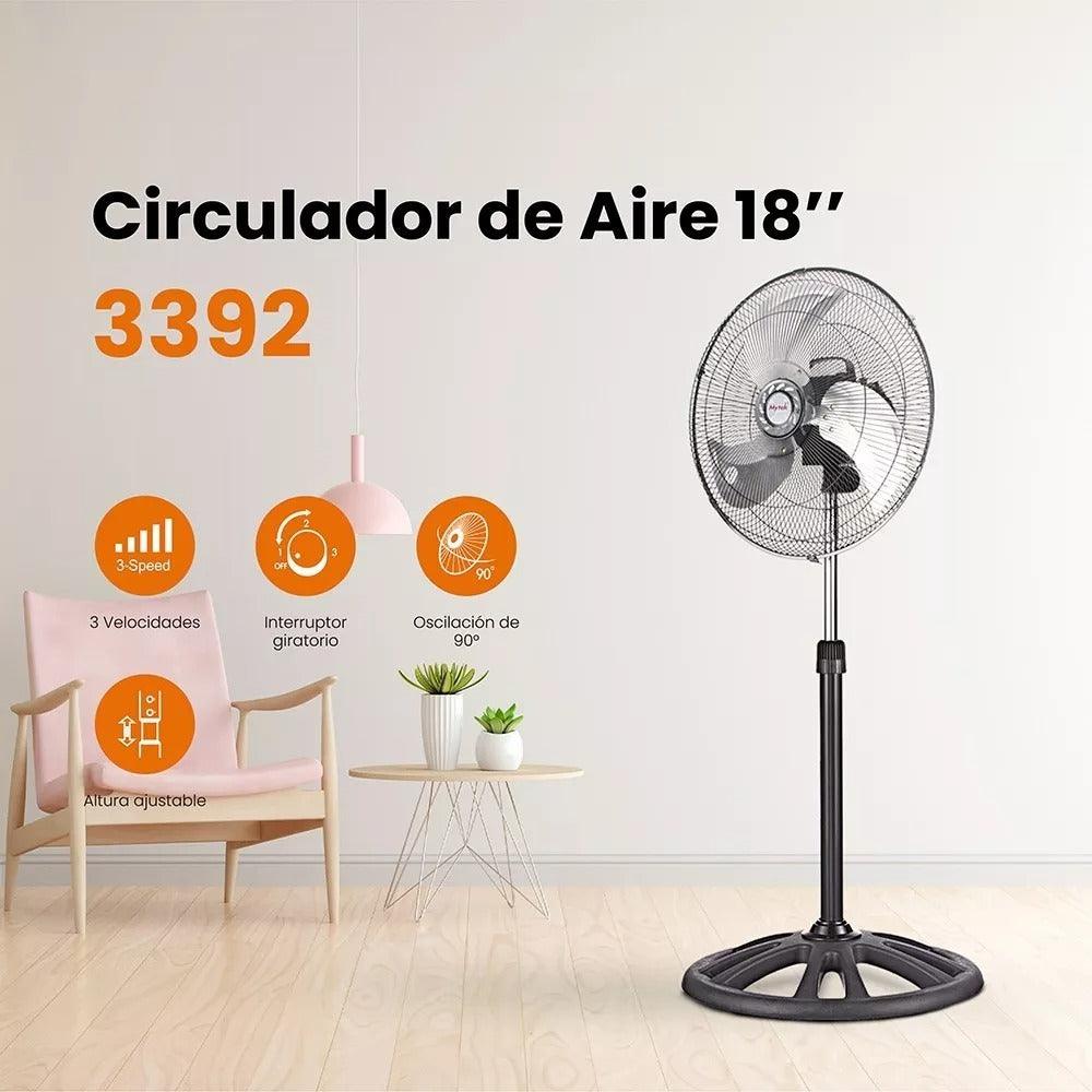 Ventilador de Pedestal Mytek 3392 de 18" Metálico, 85W, 3 Velocidades, Oscilación 90°, Altura Ajustable 88–131 cm, Negro