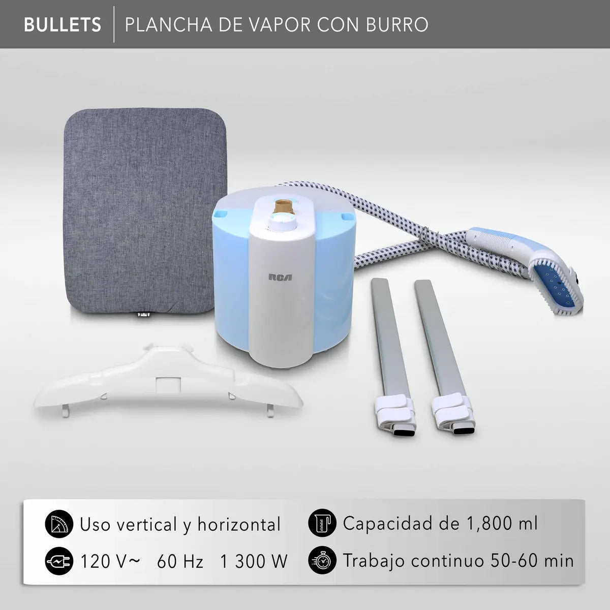 Plancha de Vapor RCA RC-932 con Burro Integrado, Uso Vertical y Horizontal, 1300W, Tanque 1.8 L, Placa de Cerámica