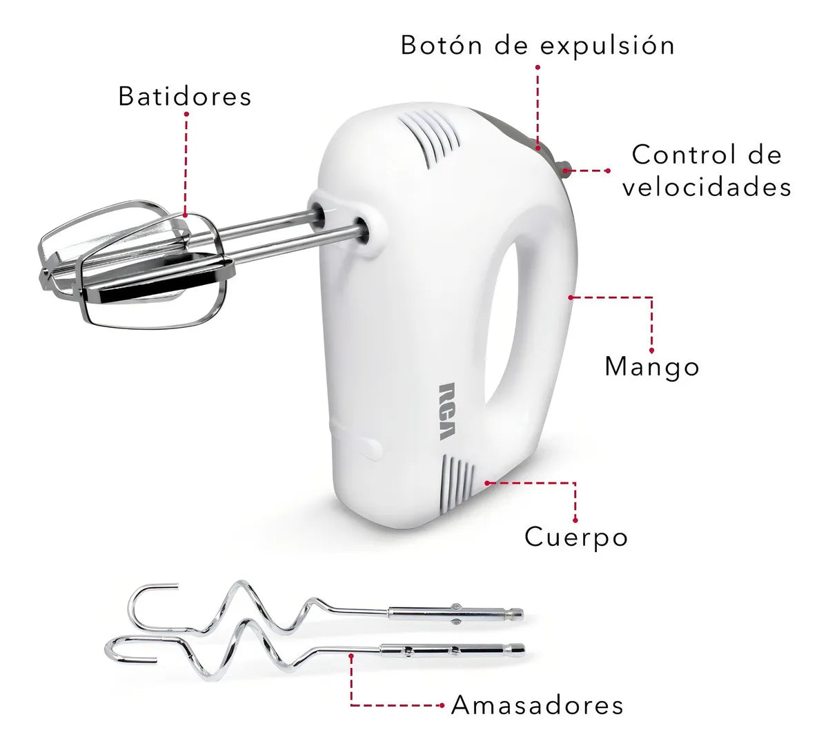 Batidora de Mano RCA RC-094 100W 5 Velocidades con Batidores y Ganchos para Amasar, Botón de Expulsión, Blanca