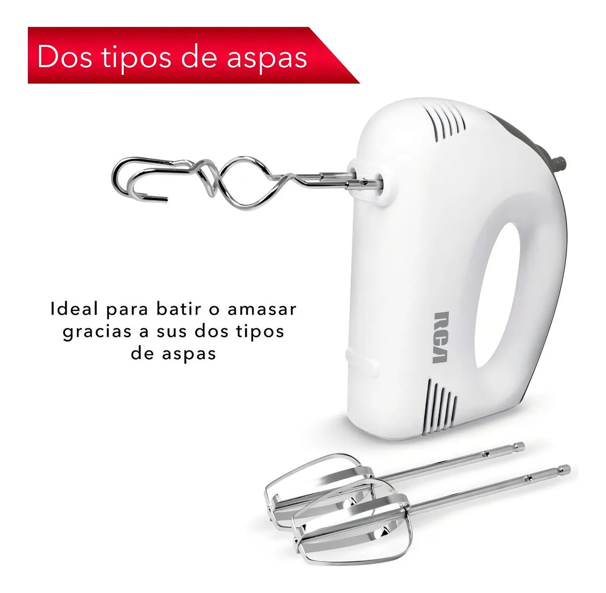 Batidora de Mano RCA RC-094 100W 5 Velocidades con Batidores y Ganchos para Amasar, Botón de Expulsión, Blanca