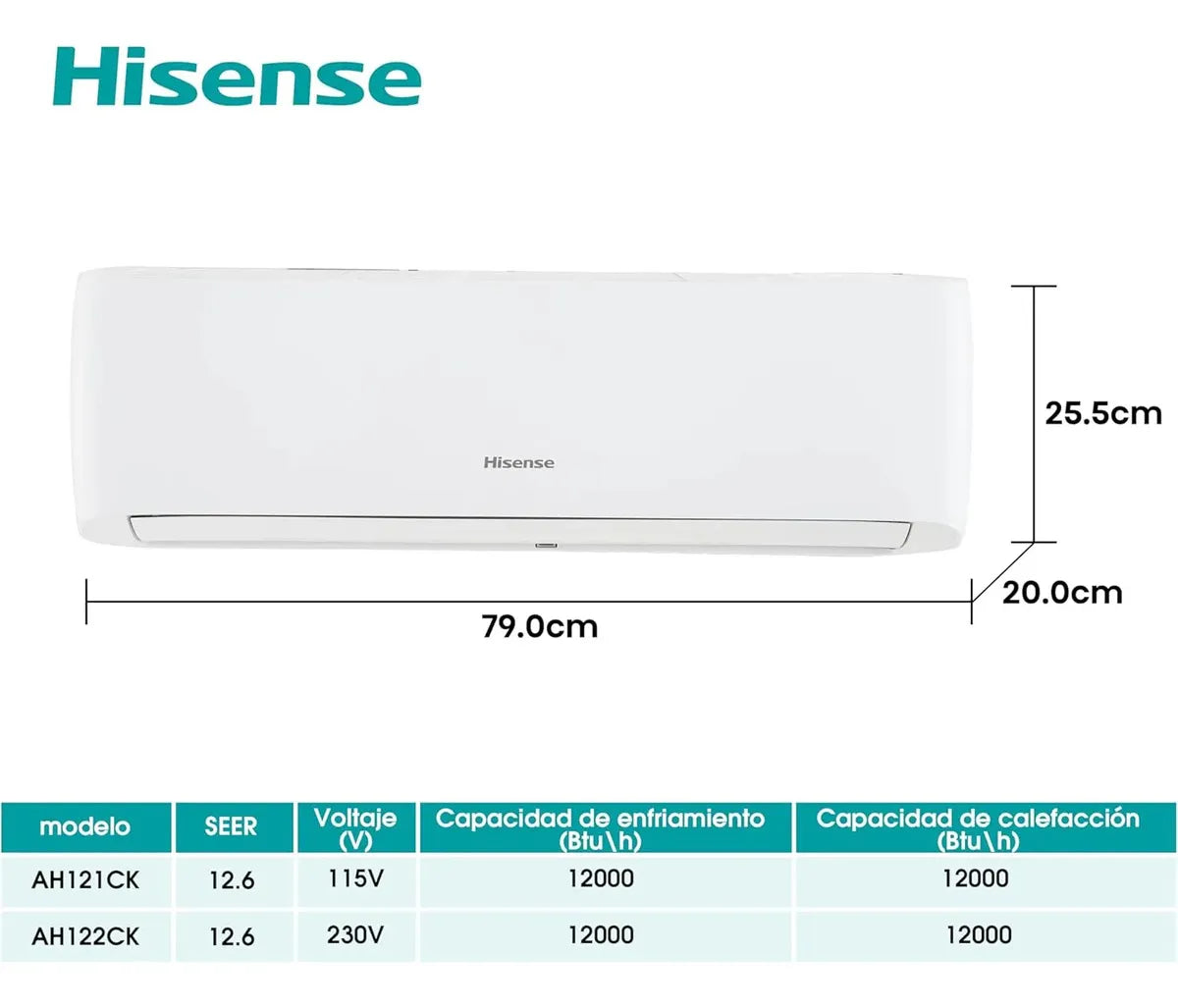 Minisplit Hisense AH121CK 1 Tonelada 12,000 BTU Frío y Calor 115V (110V), 12.6 SEER, R410A, Blanco