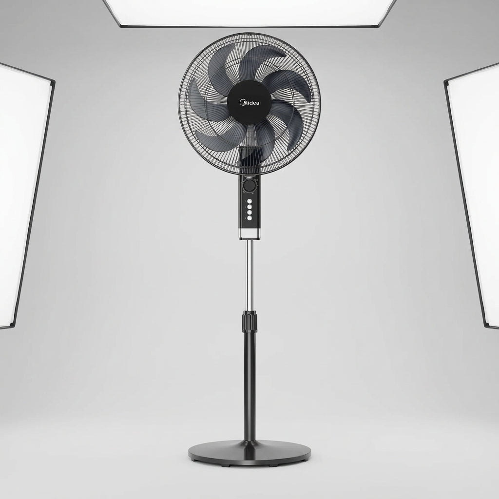 Ventilador de Pedestal Midea Air-Booster MFA164MB 16" con 7 Aspas, Motor de Cobre 50W, Temporizador, Oscilación 60°, Negro
