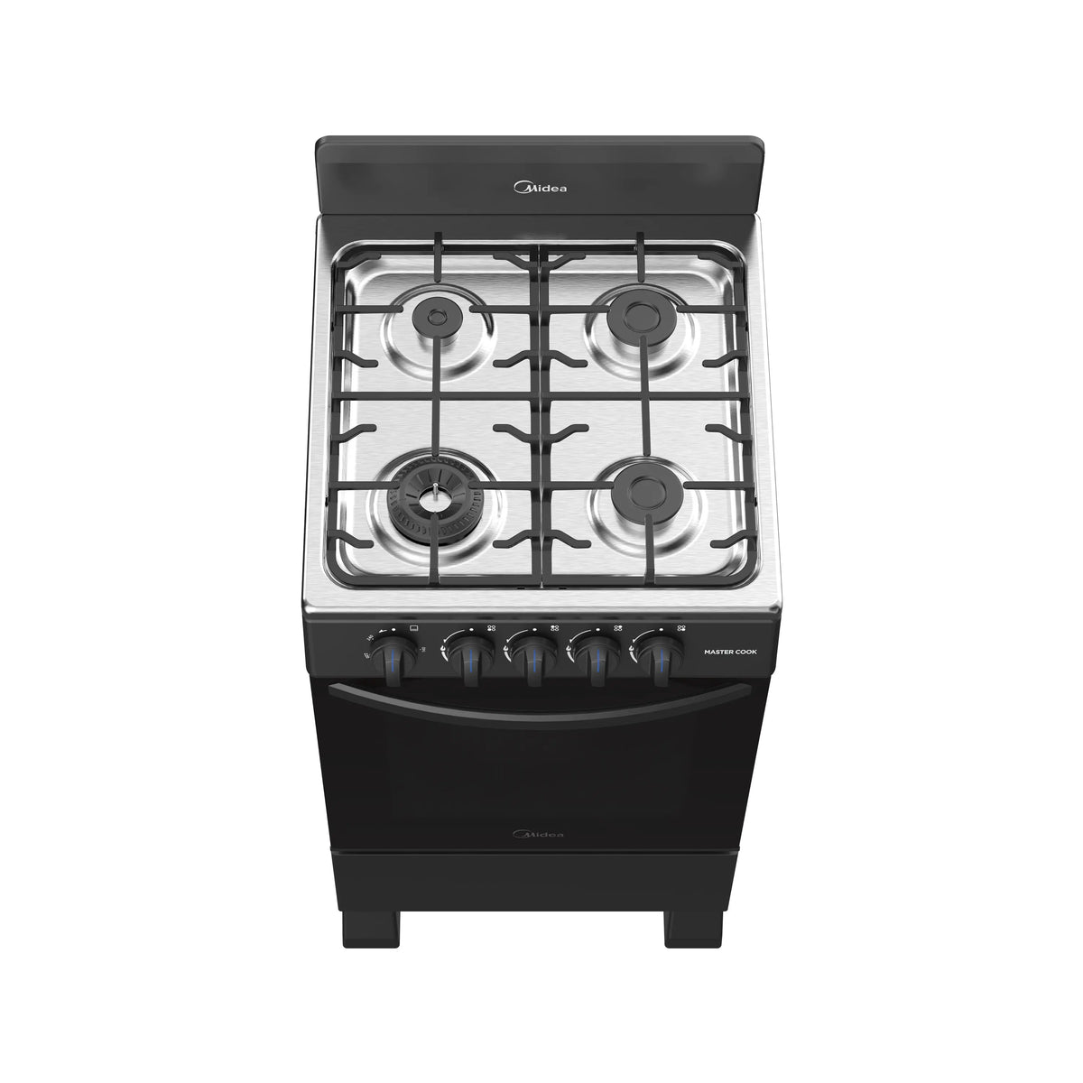 Estufa de Piso Midea MasterCook MGS20FS1BIABB 20" Negra 4 Quemadores, Gas LP, Cubierta Acero Inoxidable, Horno 65 L
