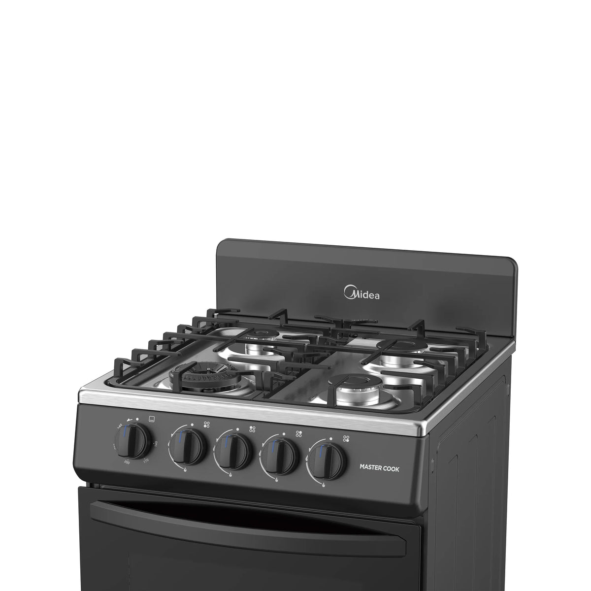 Estufa de Piso Midea MasterCook MGS20FS1BIABB 20" Negra 4 Quemadores, Gas LP, Cubierta Acero Inoxidable, Horno 65 L