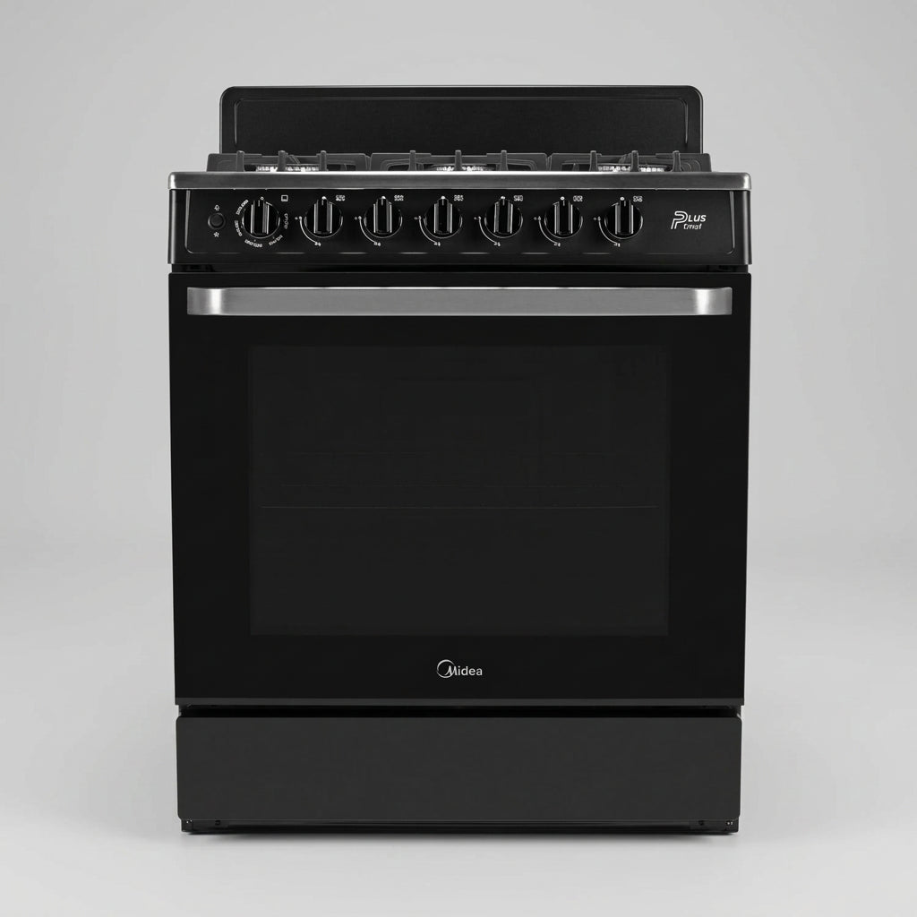 Estufa Midea Plus Chef Black 30" MGS30FS1BEABB, Cubierta Acero Inoxidable, 6 Quemadores Sellados, Horno 146 L, Comal Hierro Fundido, Negra