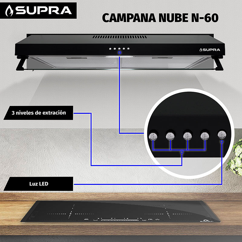 Campana Extractora Supra NUBE N-60, 60 cm Slim, Acero Negro, 3 Velocidades, Filtros de Acero Lavables, Luz LED