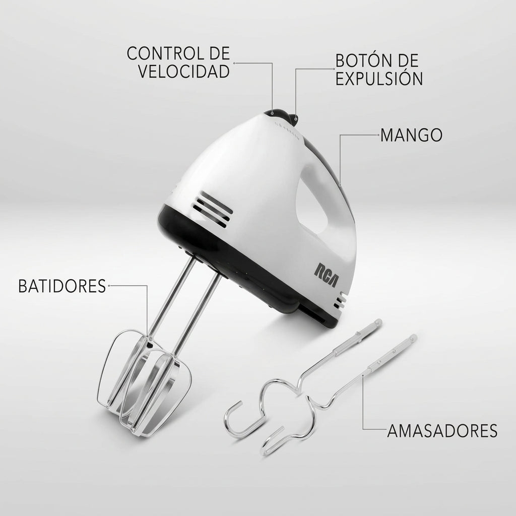 Batidora de Mano RCA RC-093 100 W, 7 Velocidades, Batidores y Ganchos para Amasar Metálicos, Blanca