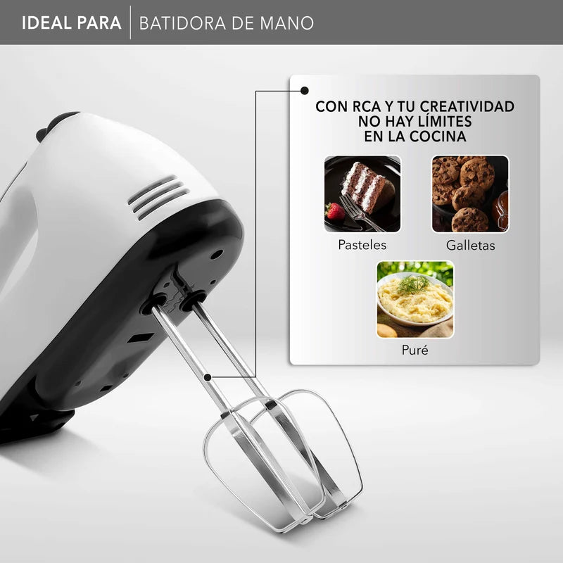 Batidora de Mano RCA RC-093 100 W, 7 Velocidades, Batidores y Ganchos para Amasar Metálicos, Blanca