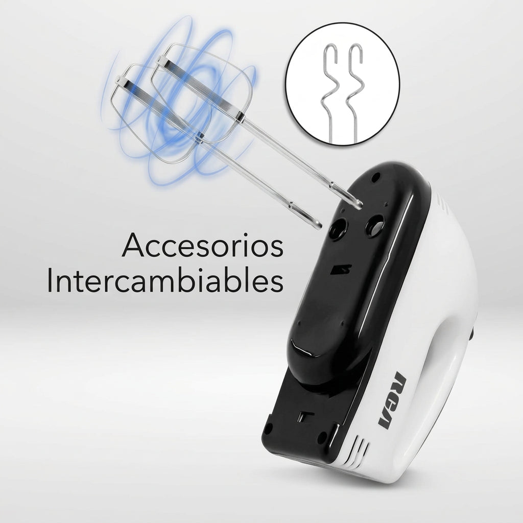 Batidora de Mano RCA RC-093 100 W, 7 Velocidades, Batidores y Ganchos para Amasar Metálicos, Blanca