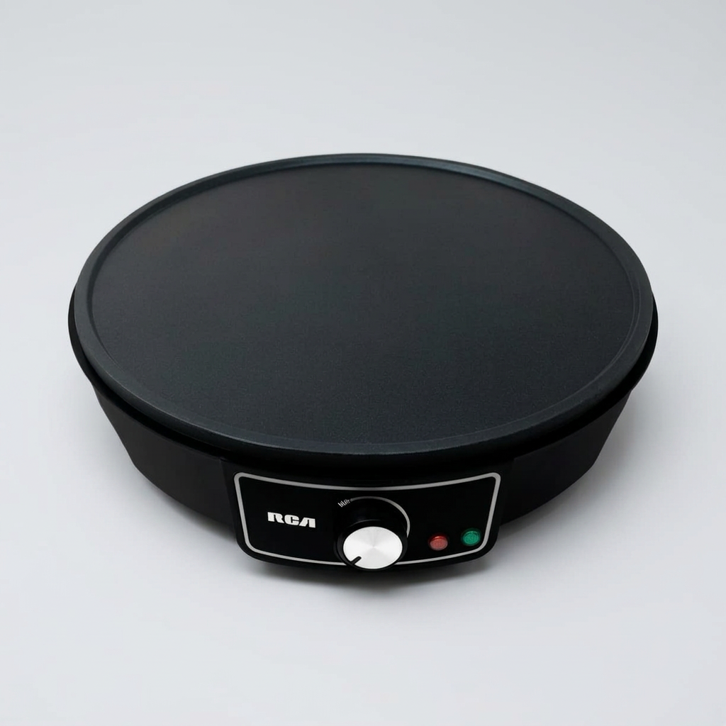 Crepera Eléctrica RCA RC-602 Antiadherente 28 cm, 1080W, Control de Temperatura, Incluye Espátula y Esparcidor, Negra
