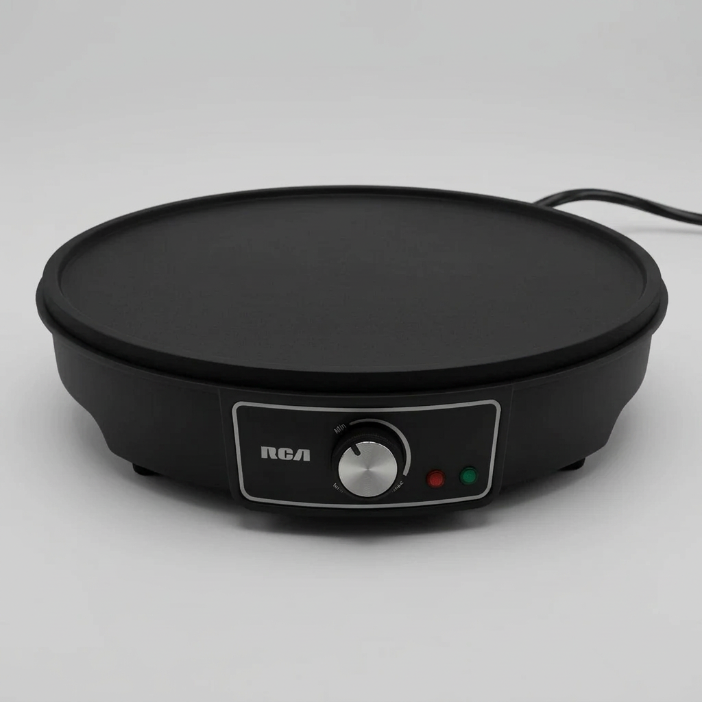 Crepera Eléctrica RCA RC-602 Antiadherente 28 cm, 1080W, Control de Temperatura, Incluye Espátula y Esparcidor, Negra