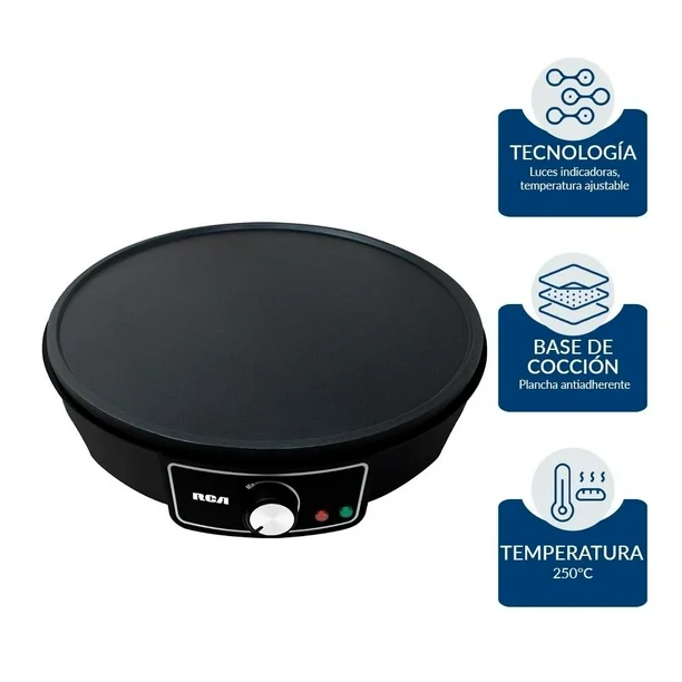 Crepera Eléctrica RCA RC-602 Antiadherente 28 cm, 1080W, Control de Temperatura, Incluye Espátula y Esparcidor, Negra