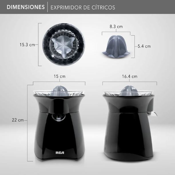 Exprimidor de Cítricos Eléctrico RCA RC-8004N Negro 30W, Giro Bidireccional, Boquilla Antigoteo, Directo al Vaso