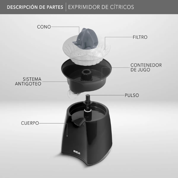 Exprimidor de Cítricos Eléctrico RCA RC-8004N Negro 30W, Giro Bidireccional, Boquilla Antigoteo, Directo al Vaso