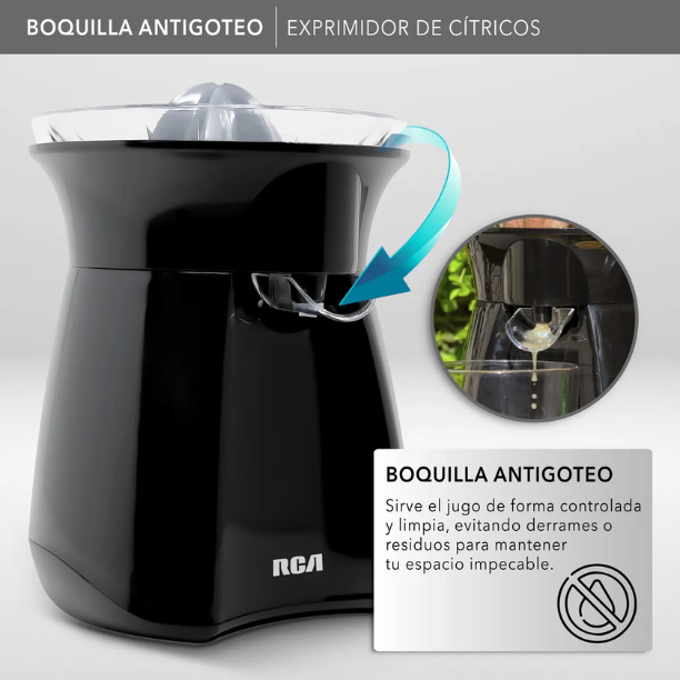 Exprimidor de Cítricos Eléctrico RCA RC-8004N Negro 30W, Giro Bidireccional, Boquilla Antigoteo, Directo al Vaso