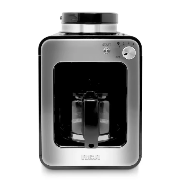 Cafetera con Molino Integrado RCA RC-CAF4, 4 Tazas (560 ml), Café en Grano o Molido, Placa Térmica, Antigoteo, Negra
