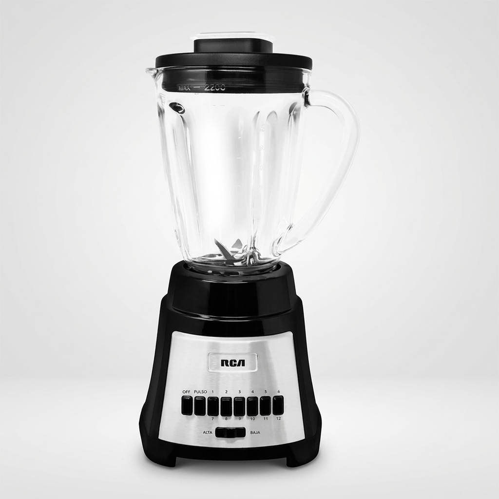 Licuadora RCA RC-L1 600W 12 Velocidades con Pulso, Vaso de Vidrio 2.2 L, 8 Cuchillas de Acero Inoxidable, Negra