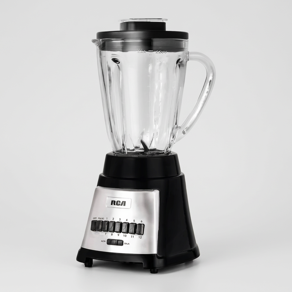 Licuadora RCA RC-L1 600W 12 Velocidades con Pulso, Vaso de Vidrio 2.2 L, 8 Cuchillas de Acero Inoxidable, Negra