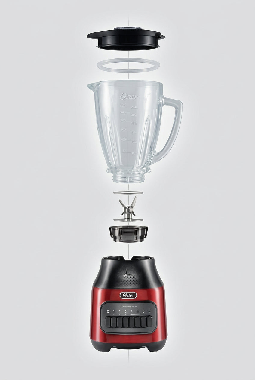 Licuadora Oster BLSTPEG-CPB 600 W, 6 Velocidades + Pulso, Vaso de Vidrio Boroclass 1.5 L, Acople Metálico, Pica Hielo, Roja